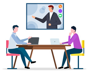Conference or meeting online, business strategy, office workers and screen vector. Men at table, boss and employees or coworkers with laptops. Teamwork and cooperation presentation illustration