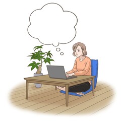 A remote working woman with a frowning face, thinking something