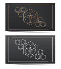 Golden honeybee. Vector icon, logo. Set. Label, business card and tag with bee in honeycomb. 