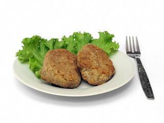 Meat cutlet with salad on a plate. Isolate on white.