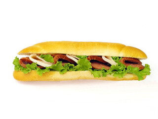 Long sandwich with pepperoni, cheese and herbs. Side view. Isolate on white.