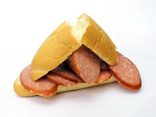 Huge sausage sandwich. Sandwich for gluttons.