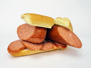 Huge sausage sandwich. Sandwich for gluttons.