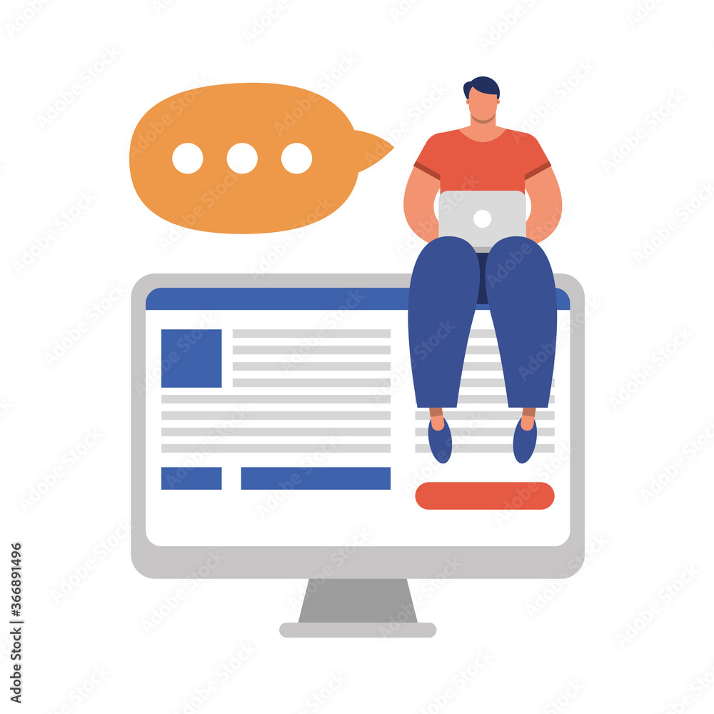 Poster young man using laptop in desktop connecting technology character