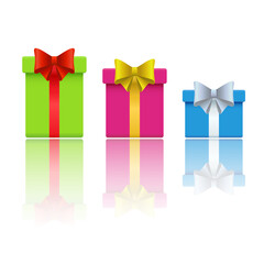 Gift boxes with colorful ribbon and bow. Set of three bright icons or present package to birthday, christmas, events and holidays