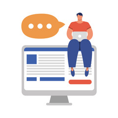 young man using laptop in desktop connecting technology character