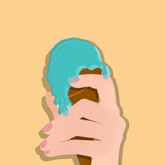 
hand hold an ice cream cone, yellow background