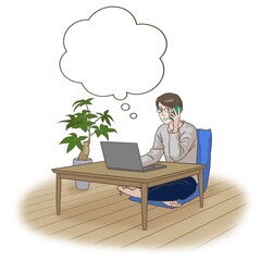 A remote working man talking on the phone in front of the laptop, thinking something
