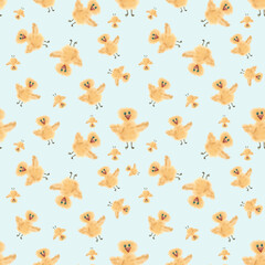 Seamless pattern with chickens. Design done in watercolor. Suitable as a pattern on fabric, on children's clothes, on postcards, as a drawing for a wrapper.