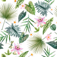 Beautiful vector seamless pattern with watercolor tropical leaves and flowers. Stock illustration