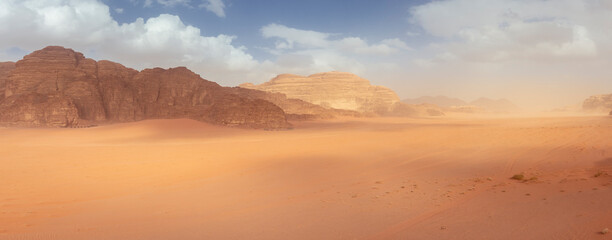 Wadi Rum protected area in Jordan, panorama landscape of the desert and rock formation