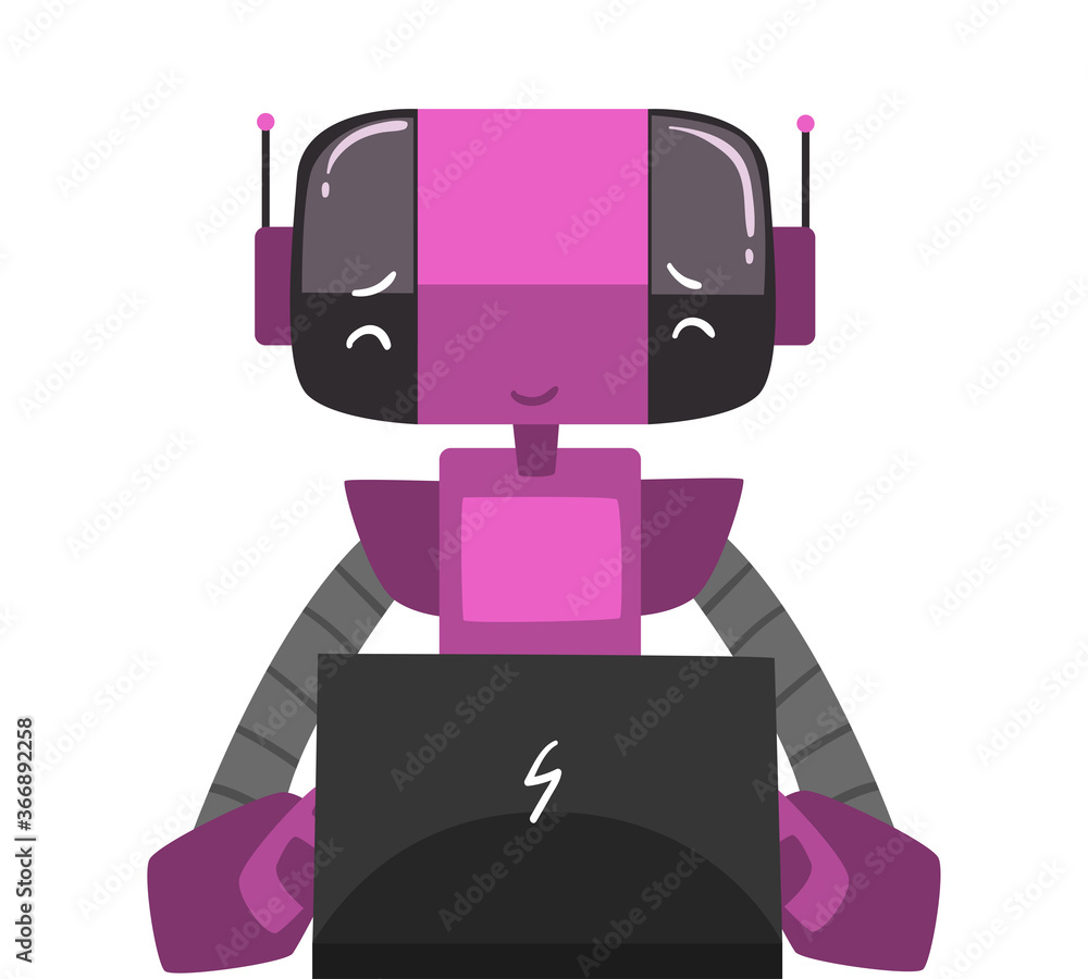 Poster friendly robot sitting in front of computer, cute android working with laptop, artificial intelligen