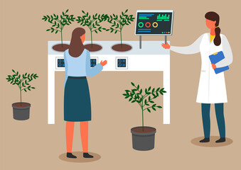 Female scientists are examining plant samples. Chemically Nitrate Test. Urban agriculture and gardening. Charts and diagrams. Scientists carry experiments in the laboratory. Flat vector illustration