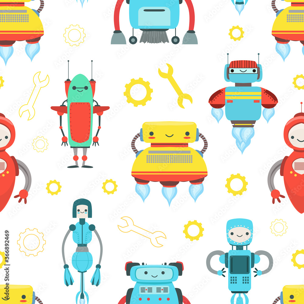 Poster artificial intelligence, robotic technology seamless pattern with cute friendly android robots, desi