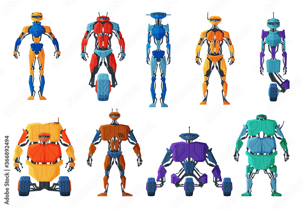 Poster modern robots set, android future robotic technology, cybernetic artificial intelligence machine vec