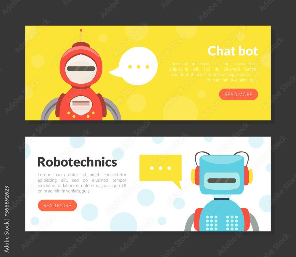 Poster chat bot, robotechnics landing page templates set, cute friendly android robots, artificial intellig