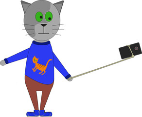 A cartoon cat takes a selfie. Cat with a mobile phone. Isolated vector image on a white background. Clipart