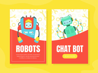 Chat Bot, Robots Landing Page Templates Set, Artificial Intelligence, Robotic Technology, Automation Concept Web Banner, Website, Homepage Vector Illustration