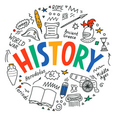 History. Hand drawn historical doodle with lettering.