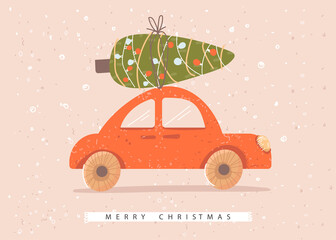 Merry Christmas and new year card with a car and a tree on the roof. A red car is taking the Christmas tree home to decorate. Christmas toys, garlands, balls, candy. Stylish illustration. Vector.