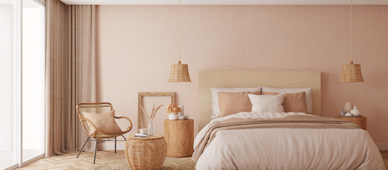 Bedroom interior.Beige tones design.3d rendering - obrazy, fototapety, plakaty