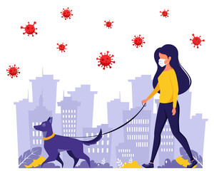 Woman walking with dog during pandemic. Woman in face mask. Pandemic, quarantine rules. Outdoor activities. Vector illustration in flat style.