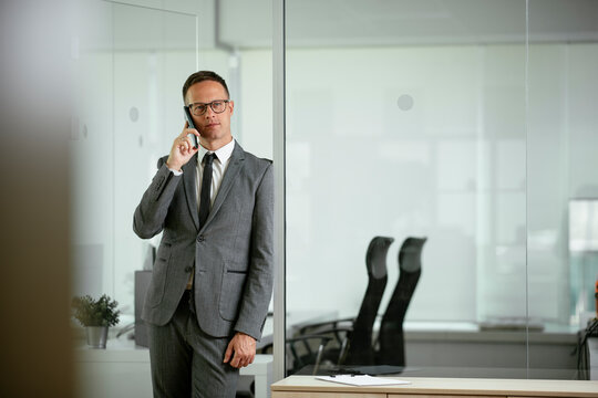Businessman in office. Handsome man talking on phone at work	