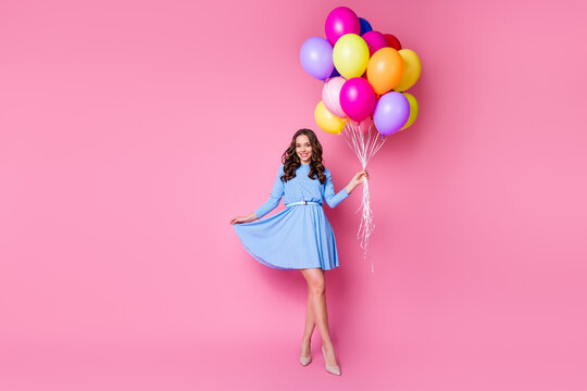 Full length body size view of her she nice attractive cheerful exquisite wavy-haired lady holding in hand bunch balls sale discount shopping shopper isolated pink pastel color background