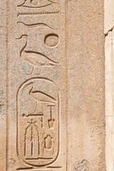 LUXOR, EGYPT - FEBRUARY 28, 2020:  Close up view of cartouche on wall in Karnak temple