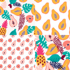 Abstract tropical fruits pattern. Exotic seamless pattern with pineapple, lemon, pear, Apple, papaya and palm leaves. Vector illustration in hand drawn style. Bright ornament for textile and wrapping.