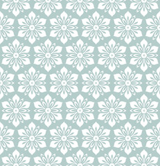 Floral vector light blue and white ornament. Seamless abstract classic background with flowers. Pattern with white repeating floral elements. Ornament for fabric, wallpaper and packaging