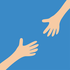 Two hands arms reaching to each other. Helping hand. Mother and baby. Close up body part. Happy Valentines day. Flat design. Blue background. Isolated.