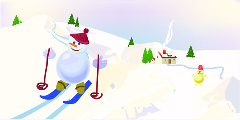 Snowman skiing in a mountain landscape. Christmas's day. Vector illustration. Can use of banner, brochure, flyer, greeting card.