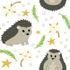 Seamless childish pattern with cute hedgehogs and nature elements. Creative print for the design of children's goods and products. Vector illustration