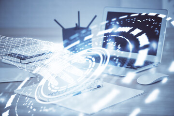 Double exposure of computer and technology theme drawing. Concept of innovation.