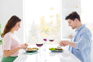 Profile side view portrait of his he her she two nice attractive cheerful spouses spending idyllic day enjoying eating meal dinner tasty yummy meat dish in light white interior kitchen house apartment