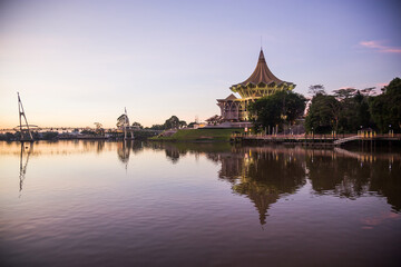 Fototapeta na wymiar Sunset view at Kuching city waterfront, Sarawak state of Malaysia, Borneo island.