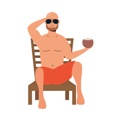 Obraz premium man wearing swimsuit seated in beach chair eating coconut