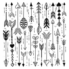 Doodle arrows pattern vector isolated. Collection of black hand drawn arrows. Hipster style background, simple cute element with feather.