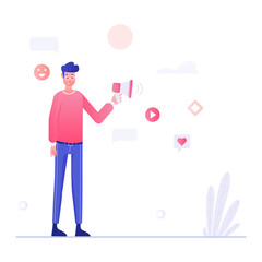 
Male avatar holding megaphone, flat illustration design of public relations 
