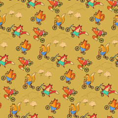 Seamless pattern with foxes on bicycles and trees. Animalistic vector background. Can be used for wallpapers, pattern fills, textile, surface textures