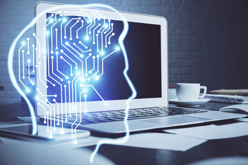 Double exposure of work table with computer and brain sketch hologram. Brainstorming concept.