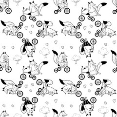 Seamless pattern with foxes on bicycles, birds and trees. Animalistic vector background. Black and white tones.