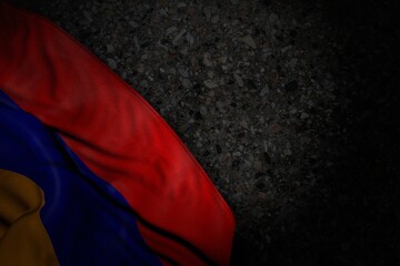 pretty dark illustration of Armenia flag with big folds on dark asphalt with empty place for your text - any celebration flag 3d illustration..
