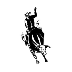 Obraz na płótnie Canvas Rodeo Cowboy Bull Rider Riding Bucking Bronco Retro Black and White