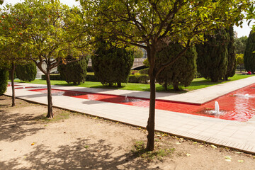 Valencia, Spain: Park of Turia,  red fountains compositions.