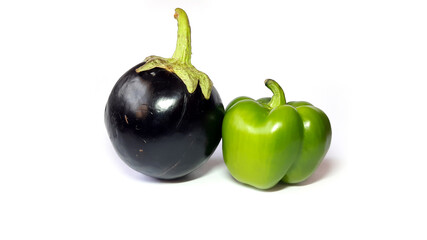 Green Bell Pepper & Black Eggplant Isolated on White Background