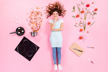 Obraz na płótnie Canvas Top above high angle full size photo of minded housewife girl think thoughts decide breakfast flat lay ingredients tomato eggs saucepan frying pan knife isolated pastel color background
