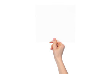 Fototapeta premium Female hand holding blank white sheet of paper isolated on white