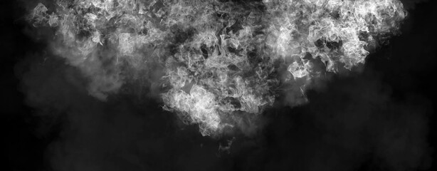 Panoramic view black and white fire on isolated background. Perfect explosion effect for decoration and covering on black background. Concept burn flame and light texture overlays.